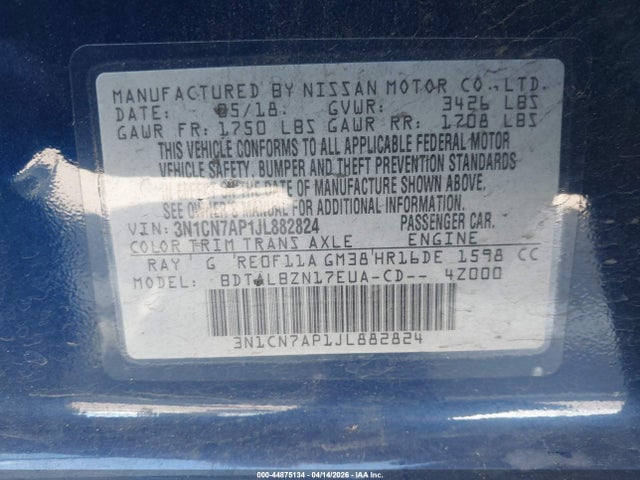 Продаж на аукціоні авто 2018 Nissan Versa 1.6 Sv, vin: 3N1CN7AP1JL882824, номер лоту: 44875134