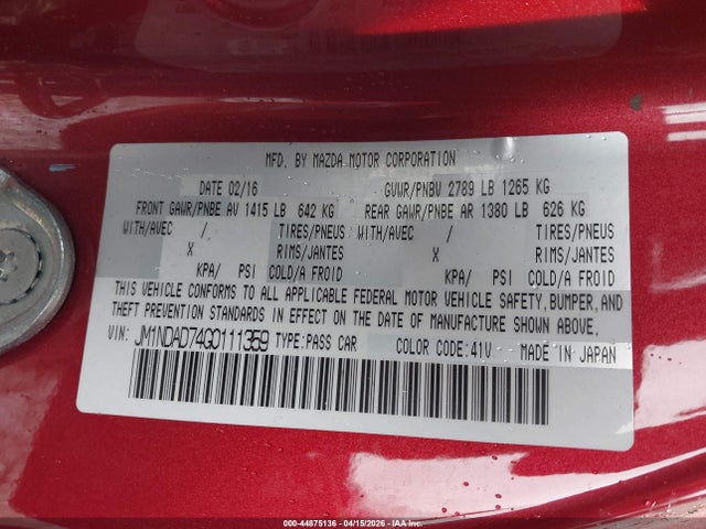 44875136 :رقم المزاد ، JM1NDAD74G0111359 vin ، 2016 Mazda Mx-5 Miata Grand Touring مزاد بيع