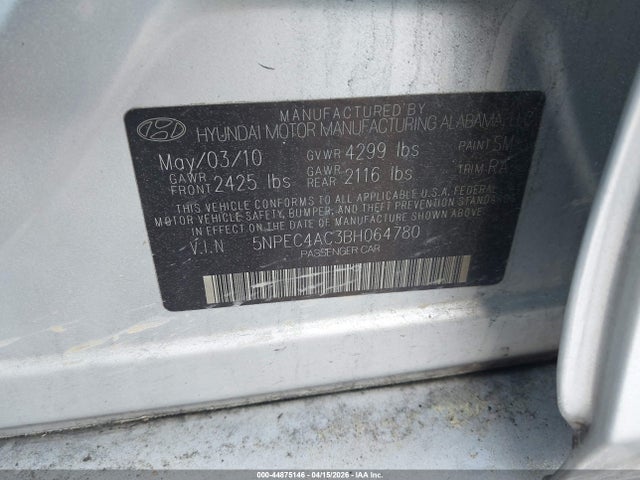 44875146 :رقم المزاد ، 5NPEC4AC3BH064780 vin ، 2011 Hyundai Sonata Se مزاد بيع