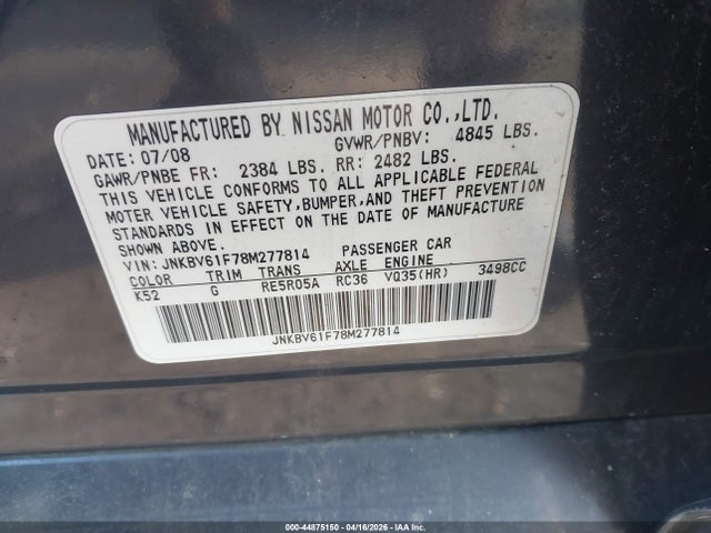 44875150 :رقم المزاد ، JNKBV61F78M277814 vin ، 2008 Infiniti G35x مزاد بيع