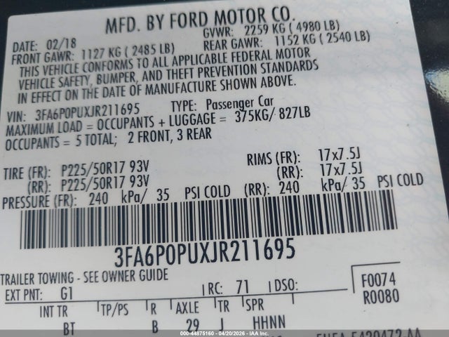 Aukcja sprzedaży 2018 Ford Fusion Energi Se Luxury, vin: 3FA6P0PUXJR211695, numer aukcji: 44875160