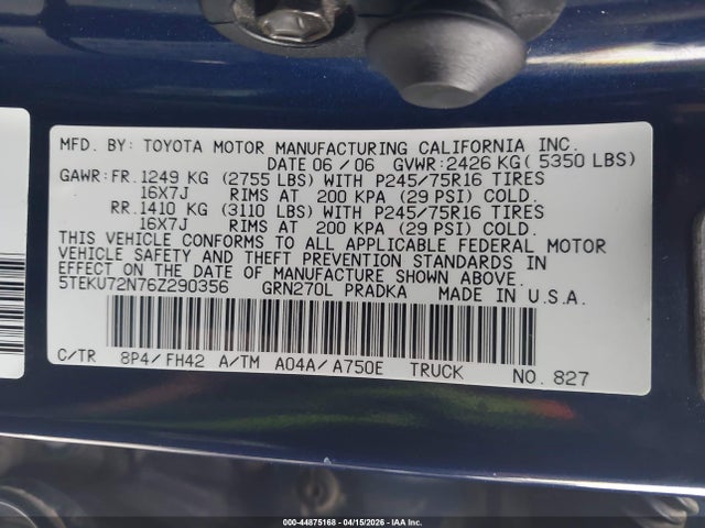 44875168 :رقم المزاد ، 5TEKU72N76Z290356 vin ، 2006 Toyota Tacoma Prerunner V6 مزاد بيع