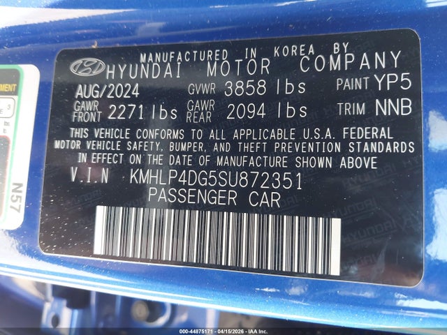 2025 Hyundai Elantra Limited მანქანა იყიდება აუქციონზე, vin: KMHLP4DG5SU872351, აუქციონის ნომერი: 44875171