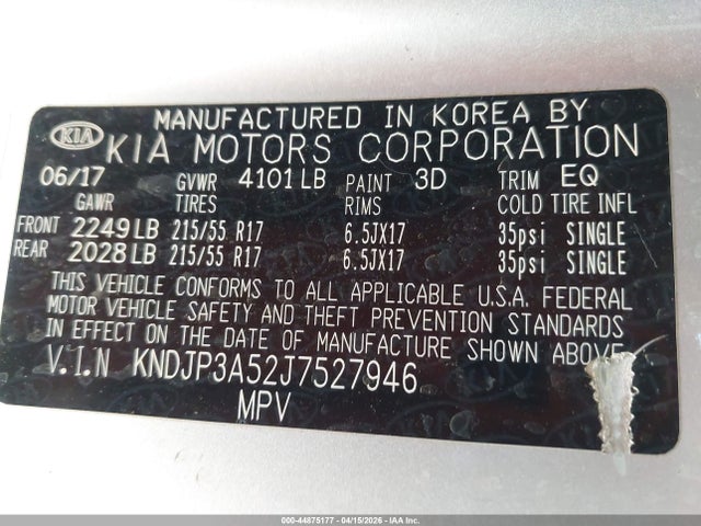 44875177 :رقم المزاد ، KNDJP3A52J7527946 vin ، 2018 Kia Soul + مزاد بيع