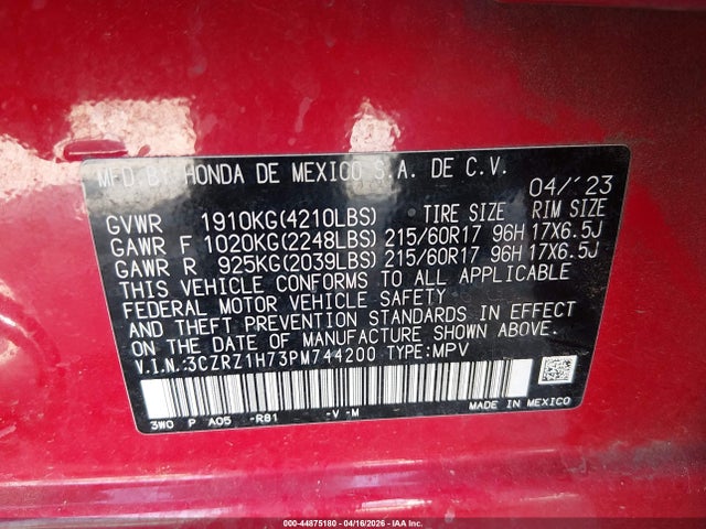 44875180 :رقم المزاد ، 3CZRZ1H73PM744200 vin ، 2023 Honda Hr-v 2wd Ex-l مزاد بيع