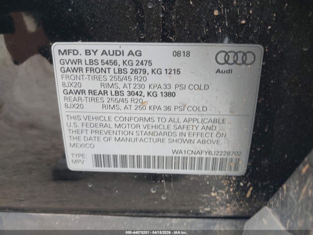44875201 :رقم المزاد ، WA1CNAFY6J2228702 vin ، 2018 Audi Q5 2.0t Premium/2.0t Tech Premium مزاد بيع