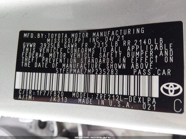 2021 Toyota Corolla Le მანქანა იყიდება აუქციონზე, vin: 5YFEPMAE7MP235283, აუქციონის ნომერი: 44875205