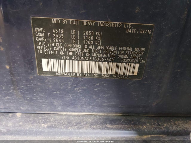 Продажа на аукционе авто 2016 Subaru Legacy 2.5i Premium, vin: 4S3BNAC61G3057509, номер лота: 44875216