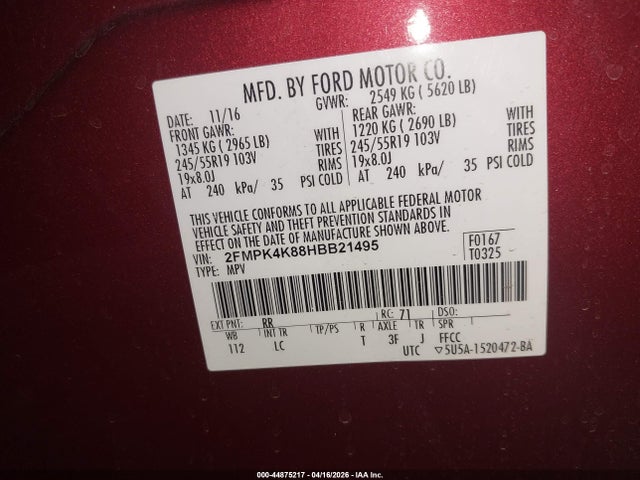 Продаж на аукціоні авто 2017 Ford Edge Titanium, vin: 2FMPK4K88HBB21495, номер лоту: 44875217