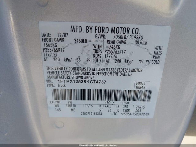 2008 FORD F-150 1FTPX12538KC74737 Photo 8