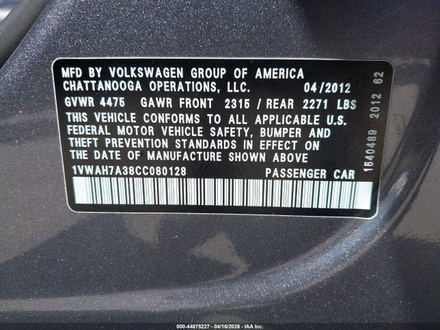 44875227 :رقم المزاد ، 1VWAH7A38CC080128 vin ، 2012 Volkswagen Passat 2.5l S مزاد بيع