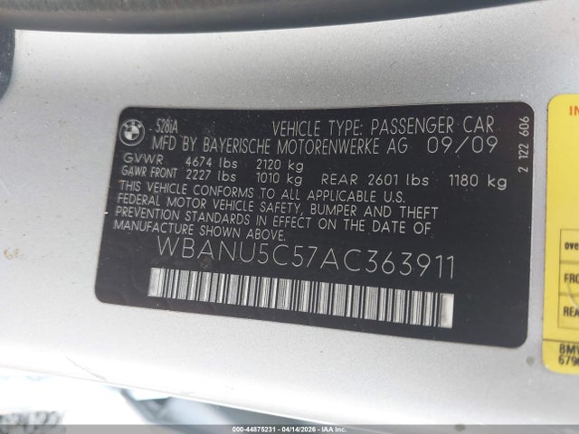 44875231 :رقم المزاد ، WBANU5C57AC363911 vin ، 2010 Bmw 528i مزاد بيع