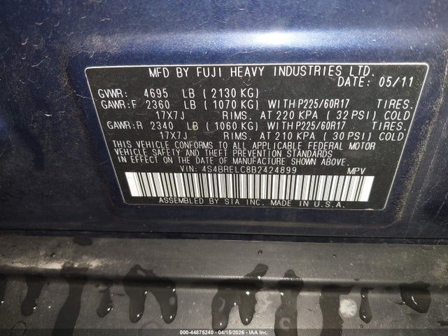 Aukcja sprzedaży 2011 Subaru Outback 3.6r Limited, vin: 4S4BRELC8B2424899, numer aukcji: 44875240