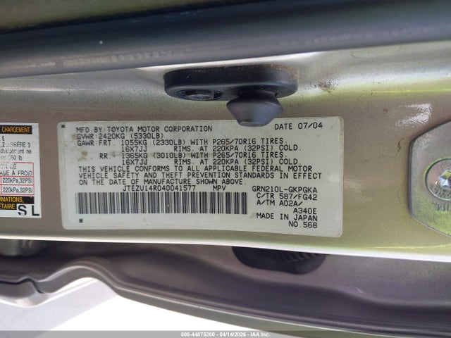 2004 TOYOTA 4RUNNER JTEZU14R040041577 Photo 8