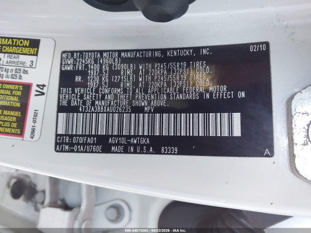44875263 :رقم المزاد ، 4T3ZA3BBXAU026235 vin ، 2010 Toyota Venza مزاد بيع