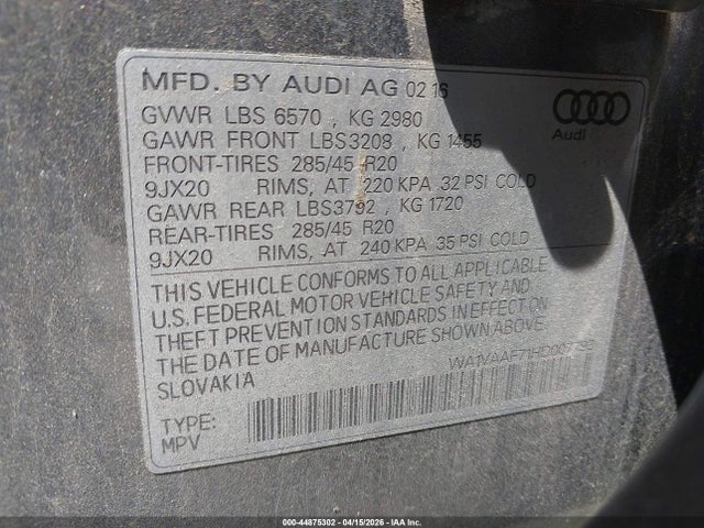 Продаж на аукціоні авто 2017 Audi Q7 3.0t Premium, vin: WA1VAAF71HD007793, номер лоту: 44875302