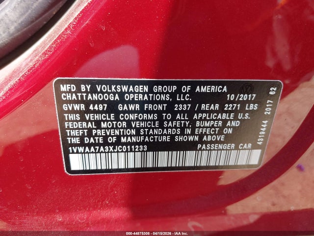 Aukcja sprzedaży 2018 Volkswagen Passat 2.0t R-line/2.0t S, vin: 1VWAA7A3XJC011233, numer aukcji: 44875308