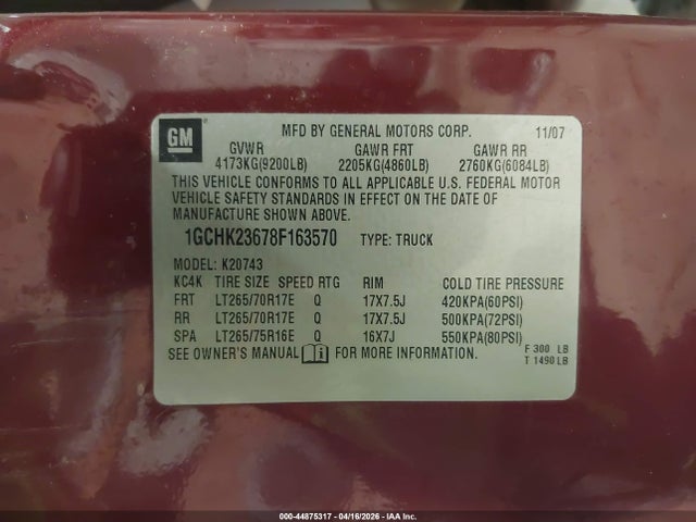 2008 Chevrolet Silverado 2500hd Ltz მანქანა იყიდება აუქციონზე, vin: 1GCHK23678F163570, აუქციონის ნომერი: 44875317