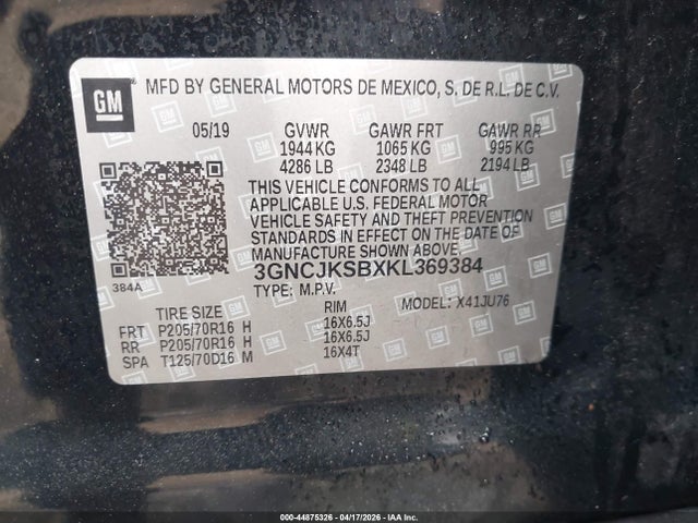 44875326 :رقم المزاد ، 3GNCJKSBXKL369384 vin ، 2019 Chevrolet Trax Ls مزاد بيع
