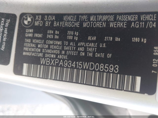 Aukcja sprzedaży 2005 Bmw X3 3.0i, vin: WBXPA93415WD08593, numer aukcji: 44875339