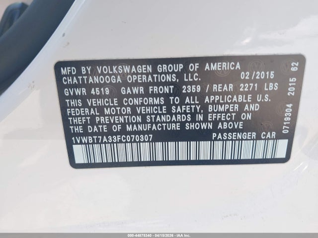 2015 Volkswagen Passat 1.8t Se მანქანა იყიდება აუქციონზე, vin: 1VWBT7A33FC070307, აუქციონის ნომერი: 44875340