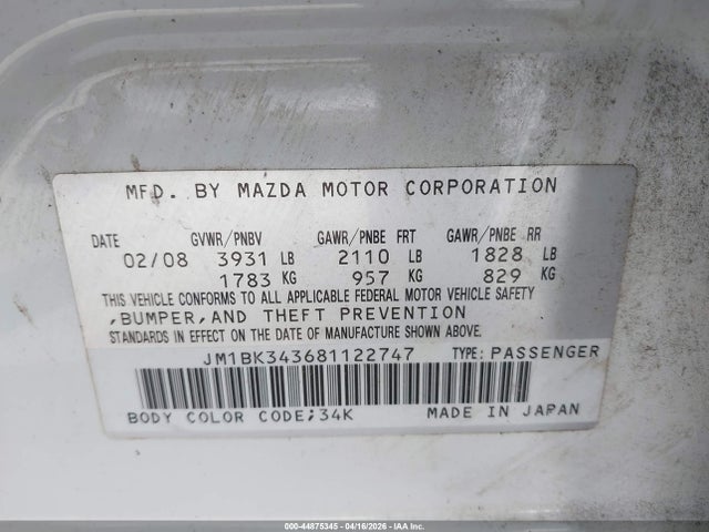 44875345 :رقم المزاد ، JM1BK343681122747 vin ، 2008 Mazda Mazda3 S Grand Touring مزاد بيع