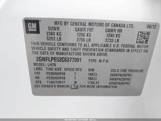 Aukcja sprzedaży 2012 Chevrolet Equinox 2lt, vin: 2GNFLPE52C6377091, numer aukcji: 44875385