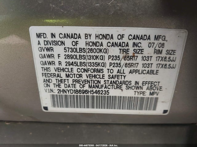 Aukcja sprzedaży 2006 Acura Mdx, vin: 2HNYD18696H546235, numer aukcji: 44875388