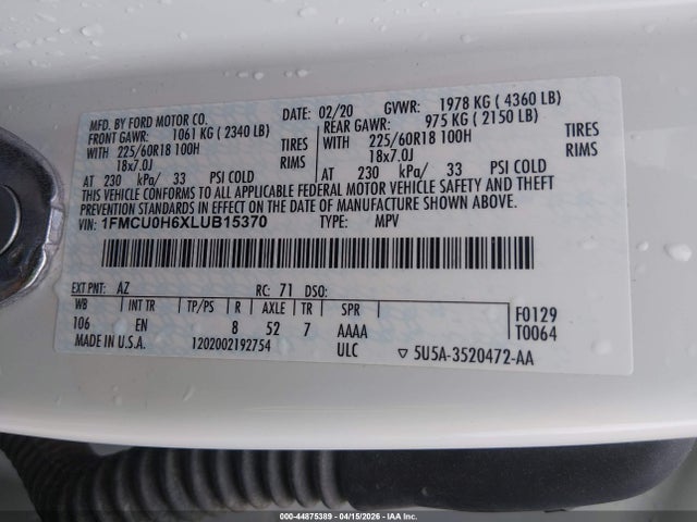 2020 Ford Escape Sel მანქანა იყიდება აუქციონზე, vin: 1FMCU0H6XLUB15370, აუქციონის ნომერი: 44875389