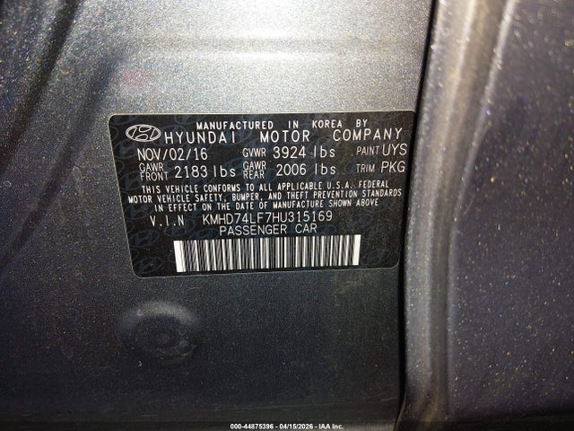 KMHD74LF7HU315169 Hyundai ELANTRA SE
