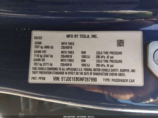 Продажа на аукционе авто 2022 Tesla Model 3 Long Range Dual Motor All-wheel Drive, vin: 5YJ3E1EB5NF287990, номер лота: 44875403