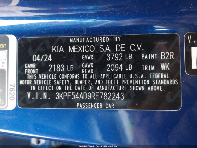 2024 Kia Forte Gt-line მანქანა იყიდება აუქციონზე, vin: 3KPF54AD9RE782243, აუქციონის ნომერი: 44875404