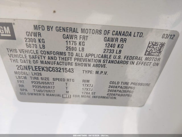44875406 :رقم المزاد ، 2GNFLEEK3C6321543 vin ، 2012 Chevrolet Equinox 1lt مزاد بيع