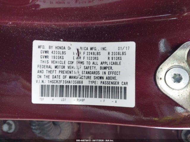 Продажа на аукционе авто 2017 Honda Accord Lx, vin: 1HGCR2F35HA135868, номер лота: 44875413
