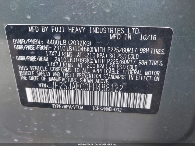 Aukcja sprzedaży 2017 Subaru Forester 2.5i Premium, vin: JF2SJAEC0HH488122, numer aukcji: 44875439