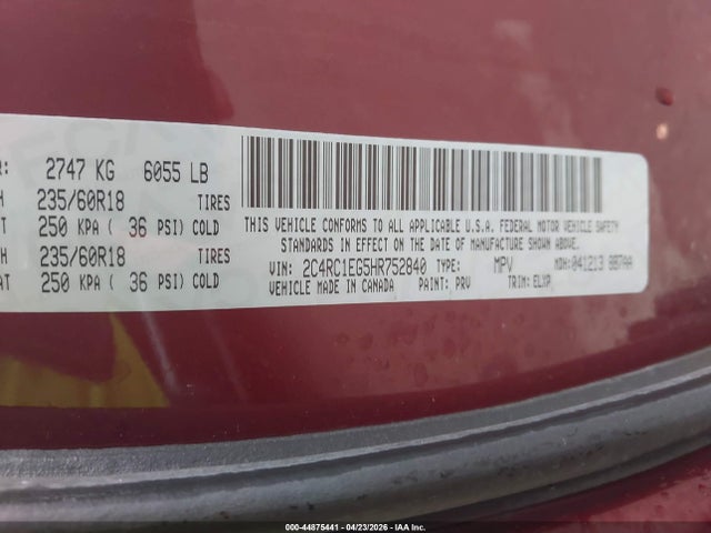 44875441 :رقم المزاد ، 2C4RC1EG5HR752840 vin ، 2017 Chrysler Pacifica Touring-l Plus مزاد بيع