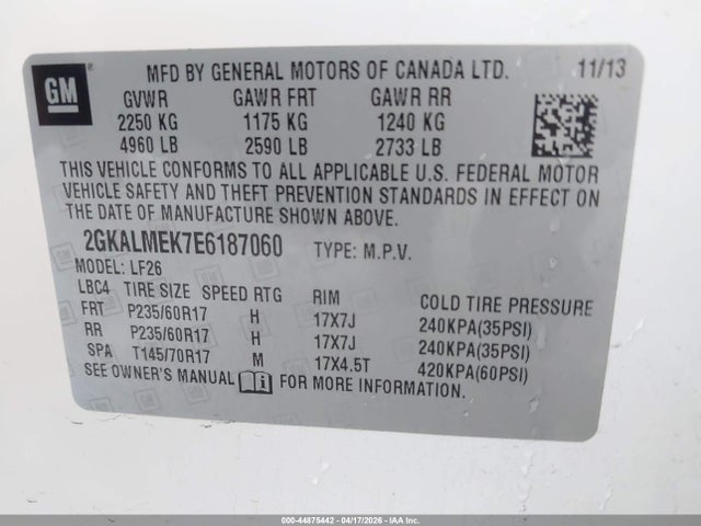 Aukcja sprzedaży 2014 Gmc Terrain Sle-1, vin: 2GKALMEK7E6187060, numer aukcji: 44875442