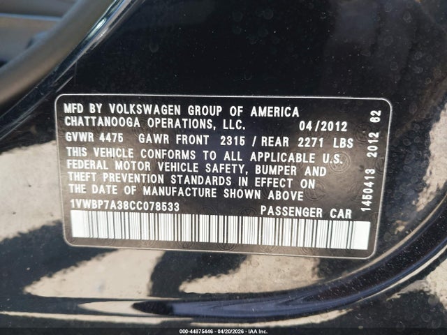 Продаж на аукціоні авто 2012 Volkswagen Passat 2.5l Se, vin: 1VWBP7A38CC078533, номер лоту: 44875446