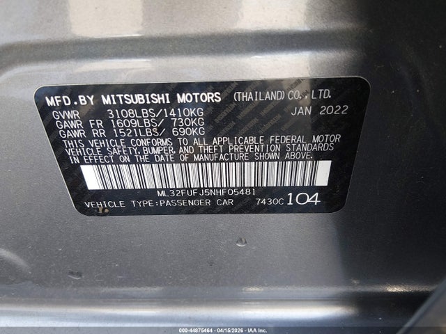 2022 Mitsubishi Mirage G4 Es მანქანა იყიდება აუქციონზე, vin: ML32FUFJ5NHF05481, აუქციონის ნომერი: 44875464
