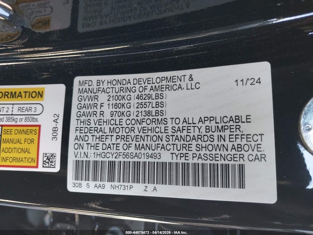 Aukcja sprzedaży 2025 Honda Accord Hybrid Sport, vin: 1HGCY2F56SA019493, numer aukcji: 44875472