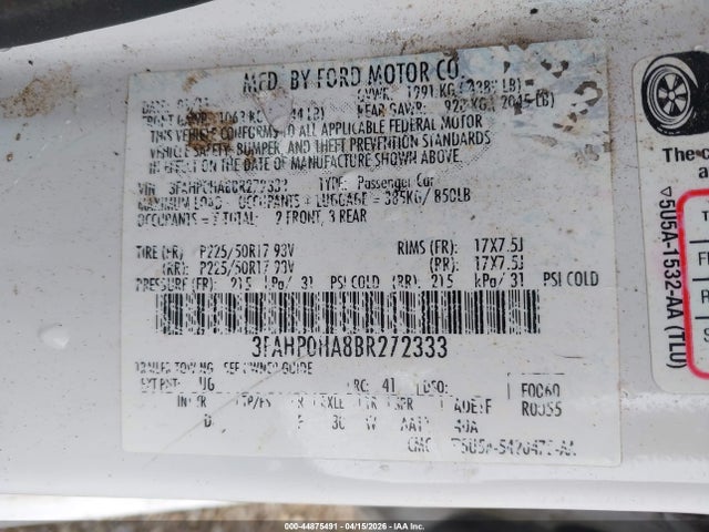 2011 FORD FUSION 3FAHP0HA8BR272333 Photo 8