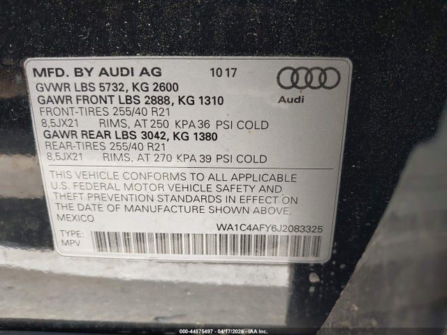 2018 Audi Sq5 3.0t Premium Plus მანქანა იყიდება აუქციონზე, vin: WA1C4AFY6J2083325, აუქციონის ნომერი: 44875497