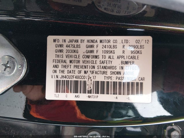44875502 :رقم المزاد ، JH4CU2F48CC018707 vin ، 2012 Acura Tsx 2.4 مزاد بيع