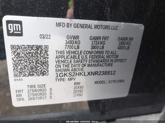 2022 Gmc Yukon Xl 4wd At4 მანქანა იყიდება აუქციონზე, vin: 1GKS2HKLXNR238812, აუქციონის ნომერი: 44875505
