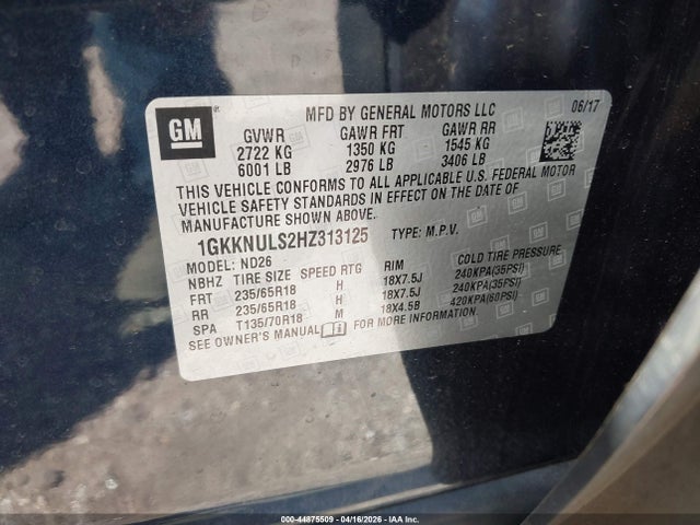 44875509 :رقم المزاد ، 1GKKNULS2HZ313125 vin ، 2017 Gmc Acadia Slt-1 مزاد بيع