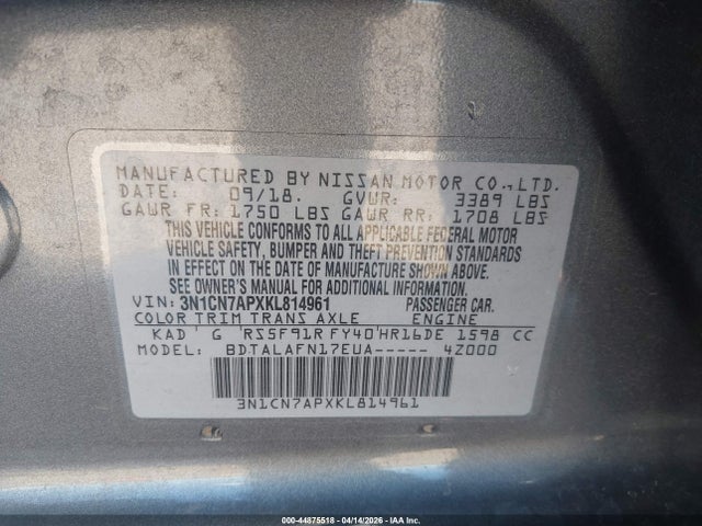 Продаж на аукціоні авто 2019 Nissan Versa 1.6 S, vin: 3N1CN7APXKL814961, номер лоту: 44875518