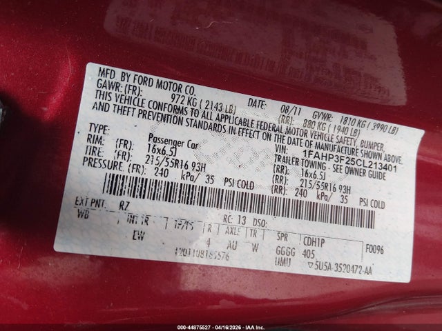 44875527 :رقم المزاد ، 1FAHP3F25CL213401 vin ، 2012 Ford Focus Se مزاد بيع