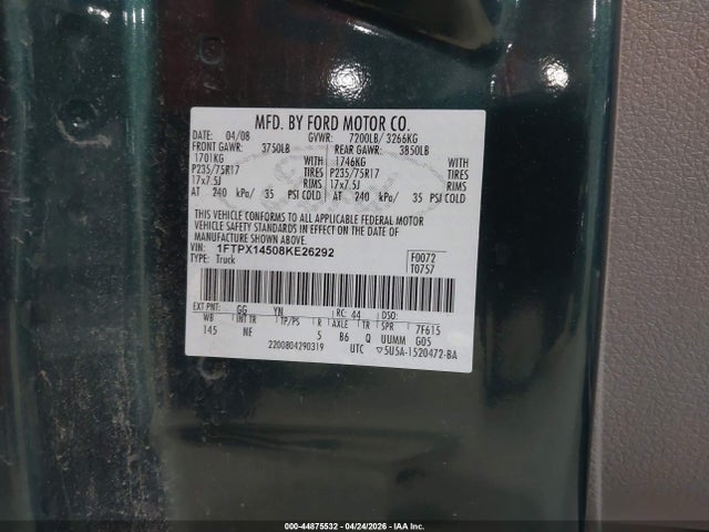44875532 :رقم المزاد ، 1FTPX14508KE26292 vin ، 2008 Ford F-150 Fx4/lariat/xl/xlt مزاد بيع