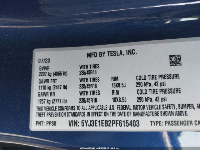 Aukcja sprzedaży 2023 Tesla Model 3 Long Range Dual Motor All-wheel Drive, vin: 5YJ3E1EB2PF615403, numer aukcji: 44875542