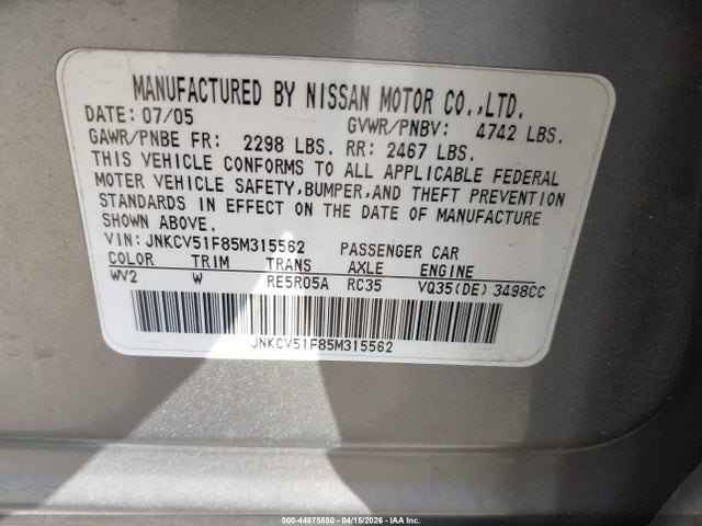 Aukcja sprzedaży 2005 Infiniti G35x, vin: JNKCV51F85M315562, numer aukcji: 44875550